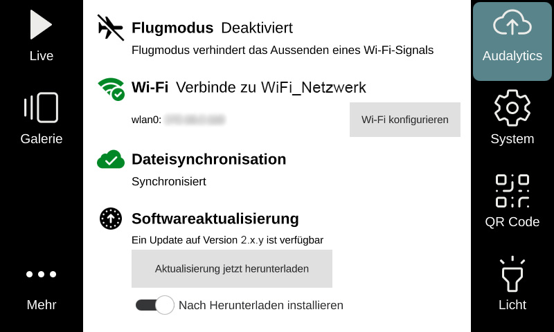 DE Audalytics WiFi connection screen